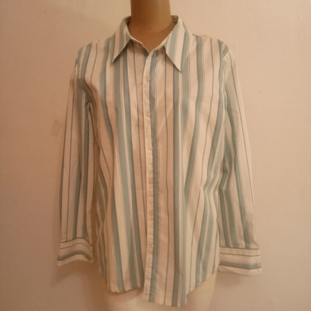 Denim&Co Teal and White Striped Button-Down Shirt Women's